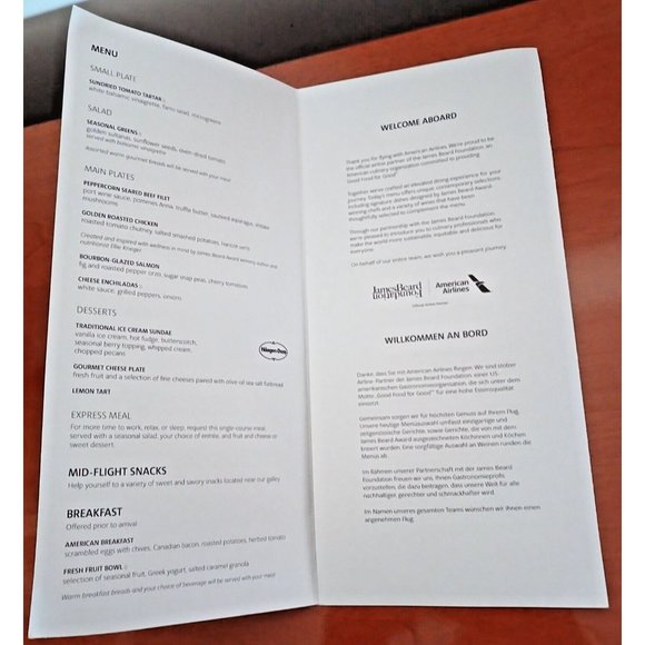 American Airlines Flagship Business Class Menu and Amenity Bag CLTMUC Oct 2023 - Picture 6 of 16